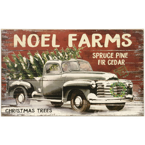Vintage Truck with Christmas Tree and text overlay- Noel Farms Spruce, Pine, Fir Cedar