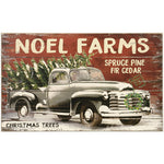 Vintage Truck with Christmas Tree and text overlay- Noel Farms Spruce, Pine, Fir Cedar