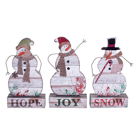 Set of 3 Decorative Wooden Snowmen, each with text- Hope, Joy or Snow