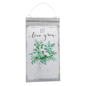Silver metal wall hanging with painted floral design with text- Let love grow