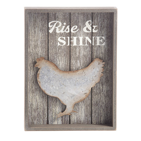 Wooden shadow box with metal rooster and white text: Rise & Shine