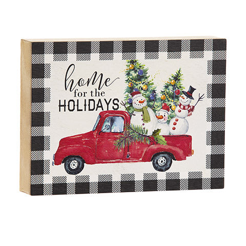 Christmas Wall Hanging of Red truck with text overlay Home for the Holidays
