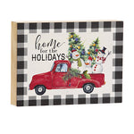 Christmas Wall Hanging of Red truck with text overlay Home for the Holidays